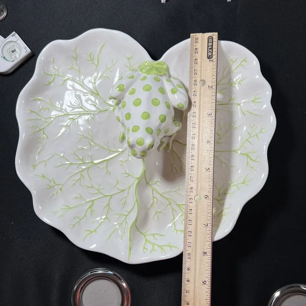 VTG Italian ceramic plate green dotted frog lily pad green white figural
